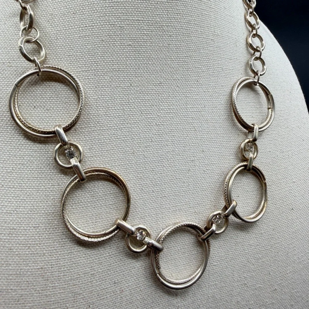 Silver Tone Circle Link Statement Necklace Rhinestone Accents Modern Geometric